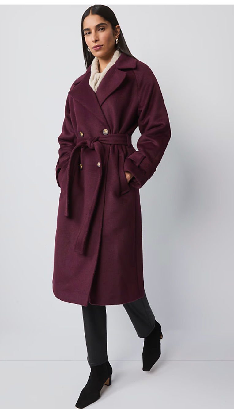 ANN TAYLOR BELTED NOTCH COLLAR DOUBLE BREASTED TRENCH COAT POISED PLUM XXSP